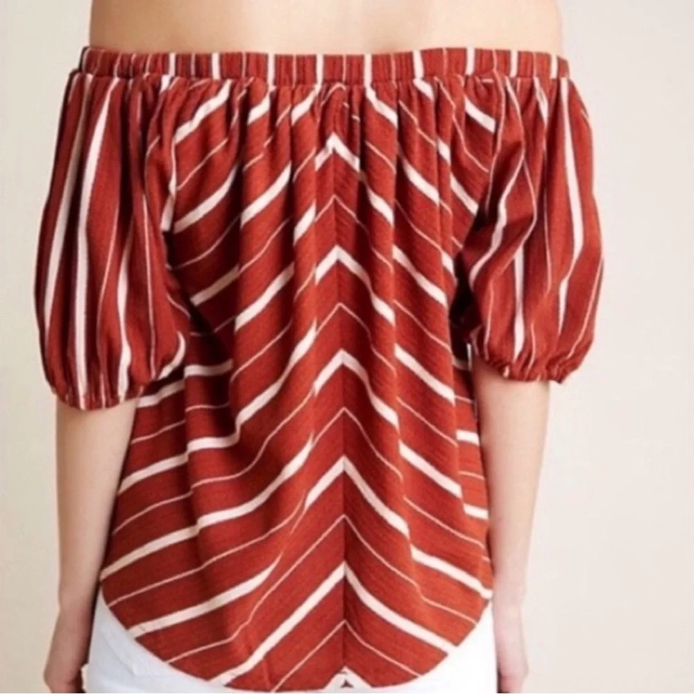 Anthropologie Rust and White Striped Off-Shoulder Top